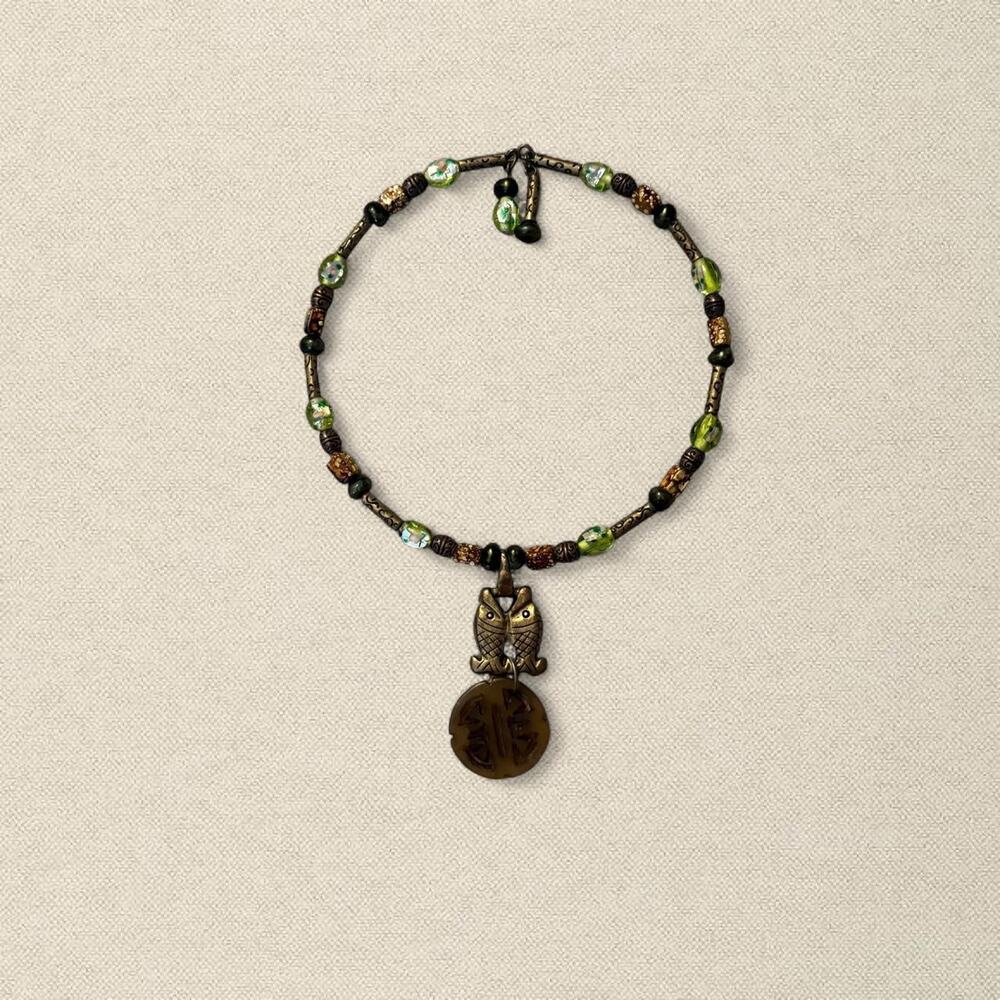 Chico's Y2K Earthy Green Brown Beaded Necklace Brass Hardware Fish Charm